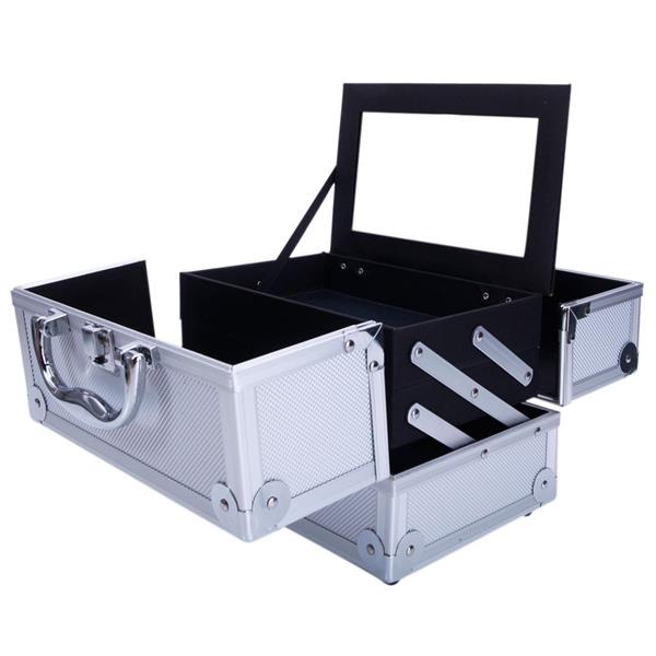 SM-2176 Aluminum Makeup Train Case Jewelry Box Cosmetic Organizer with Mirror 9"x6"x6" Silver