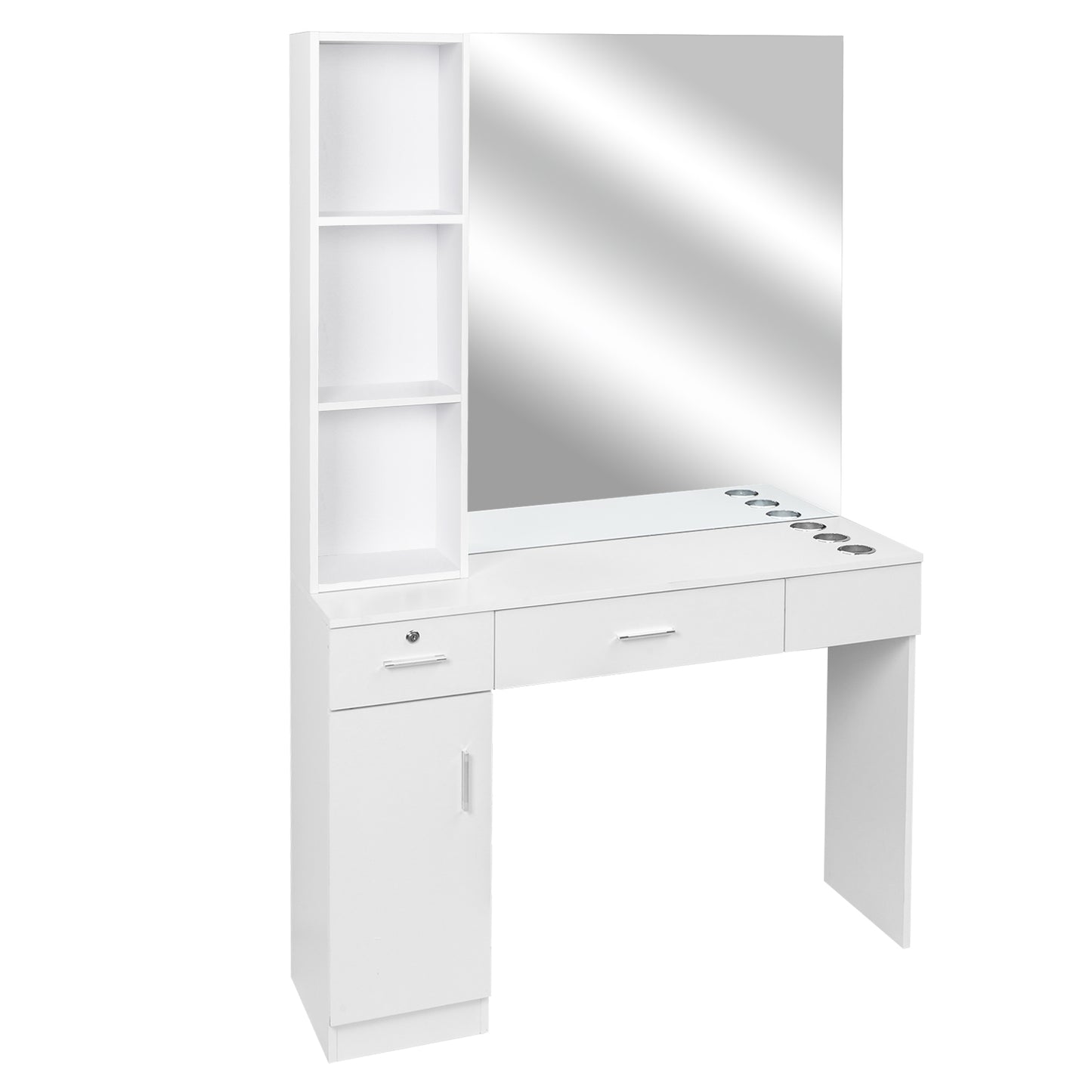 15 Cm E0 Particleboard Pitted Surface 1 Door 2 Drawers 3 Layers Rack With Legs Hairdressing Cabinet With Lock And Mirror Salon Cabinet White