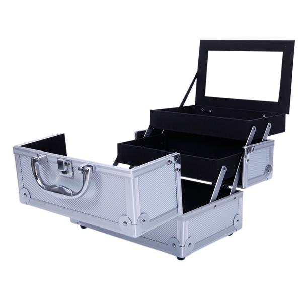 SM-2176 Aluminum Makeup Train Case Jewelry Box Cosmetic Organizer with Mirror 9"x6"x6" Silver