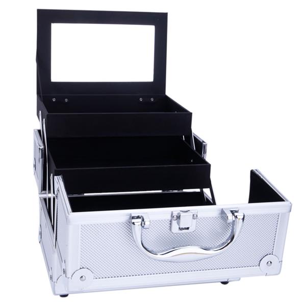 SM-2176 Aluminum Makeup Train Case Jewelry Box Cosmetic Organizer with Mirror 9"x6"x6" Silver