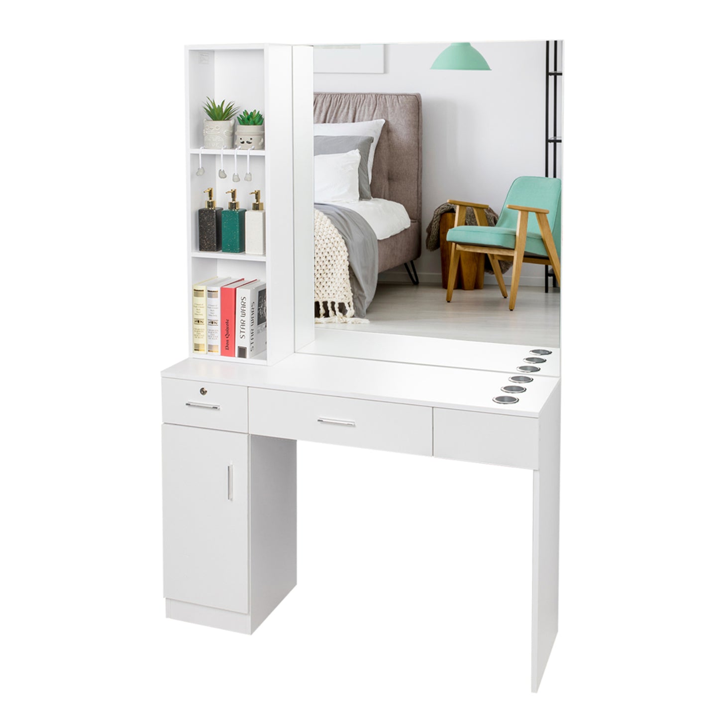 15 Cm E0 Particleboard Pitted Surface 1 Door 2 Drawers 3 Layers Rack With Legs Hairdressing Cabinet With Lock And Mirror Salon Cabinet White