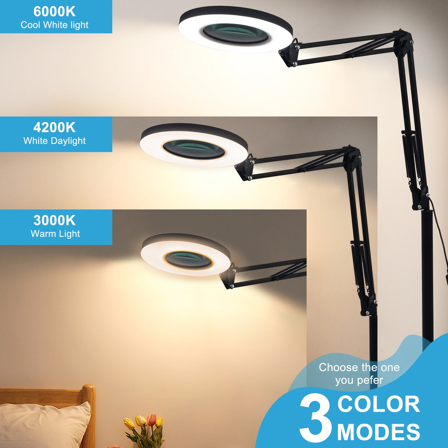 LED Magnifying Floor Lamp with Adjustable Stand and Swivel Arm for Facials & Lashes ，Reading, Crafts Black