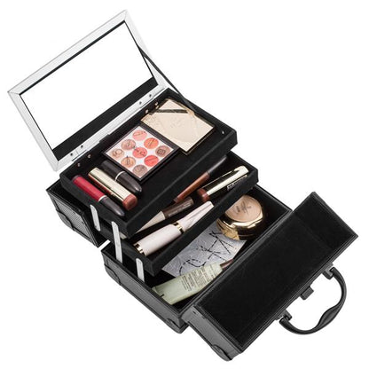 9" Makeup Case Portable Cosmetic Storage Box with Mirror & Trays for Home Bathroom and Travel Black