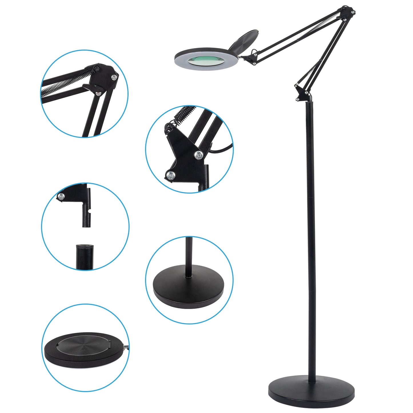 LED Magnifying Floor Lamp with Adjustable Stand and Swivel Arm for Facials & Lashes ，Reading, Crafts Black