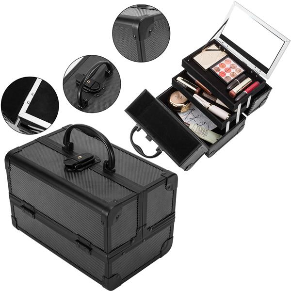 9" Makeup Case Portable Cosmetic Storage Box with Mirror & Trays for Home Bathroom and Travel Black